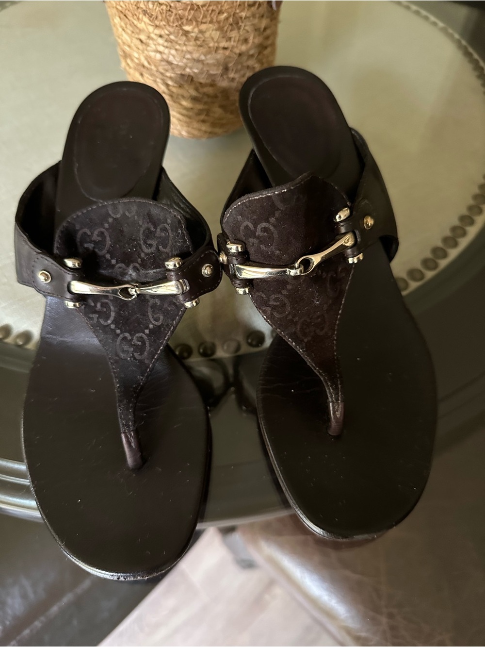 Gucci Brown Monogram Thong Sandals with Gold Hardware